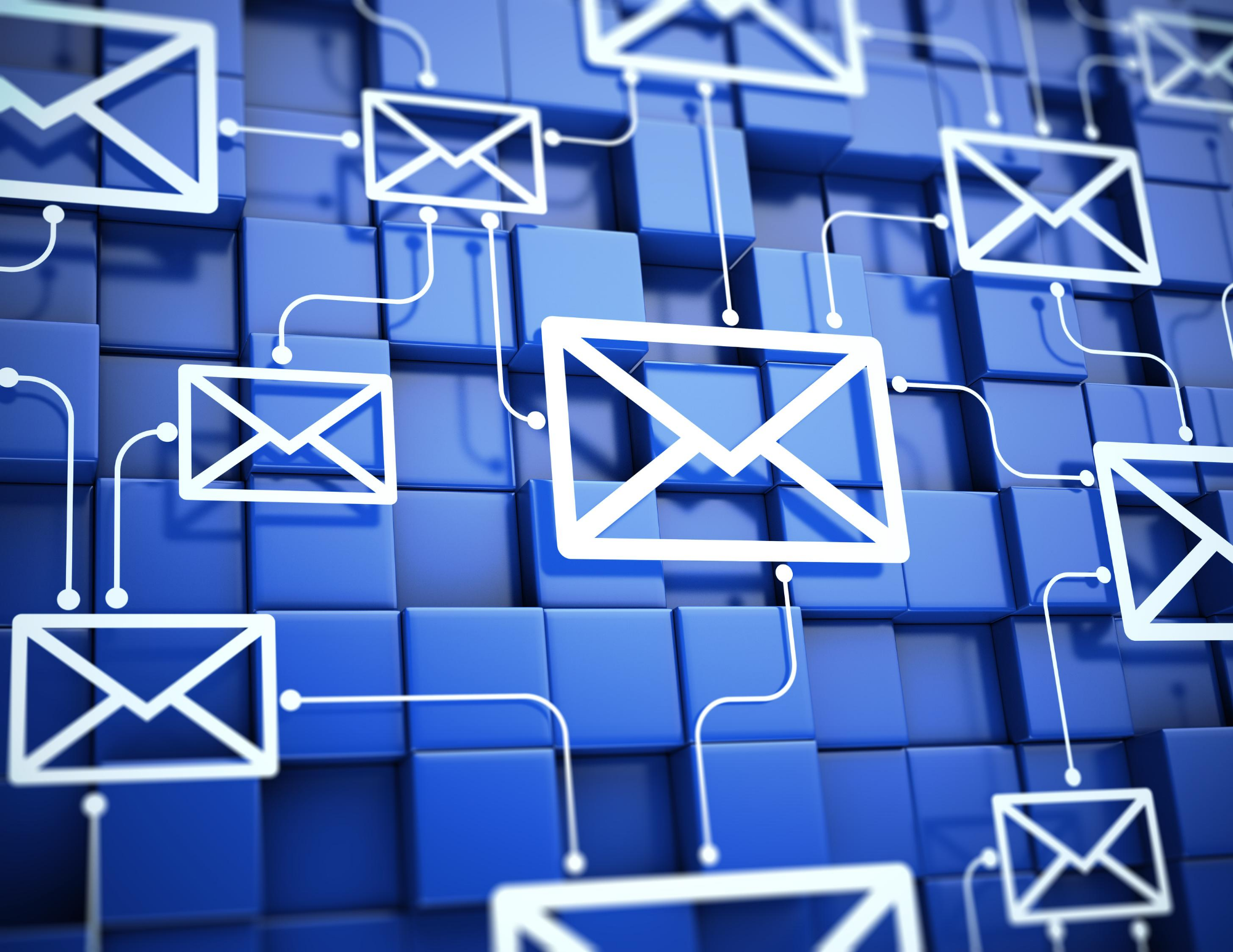 icons of envelopes on blue background, representing direct mail marketing